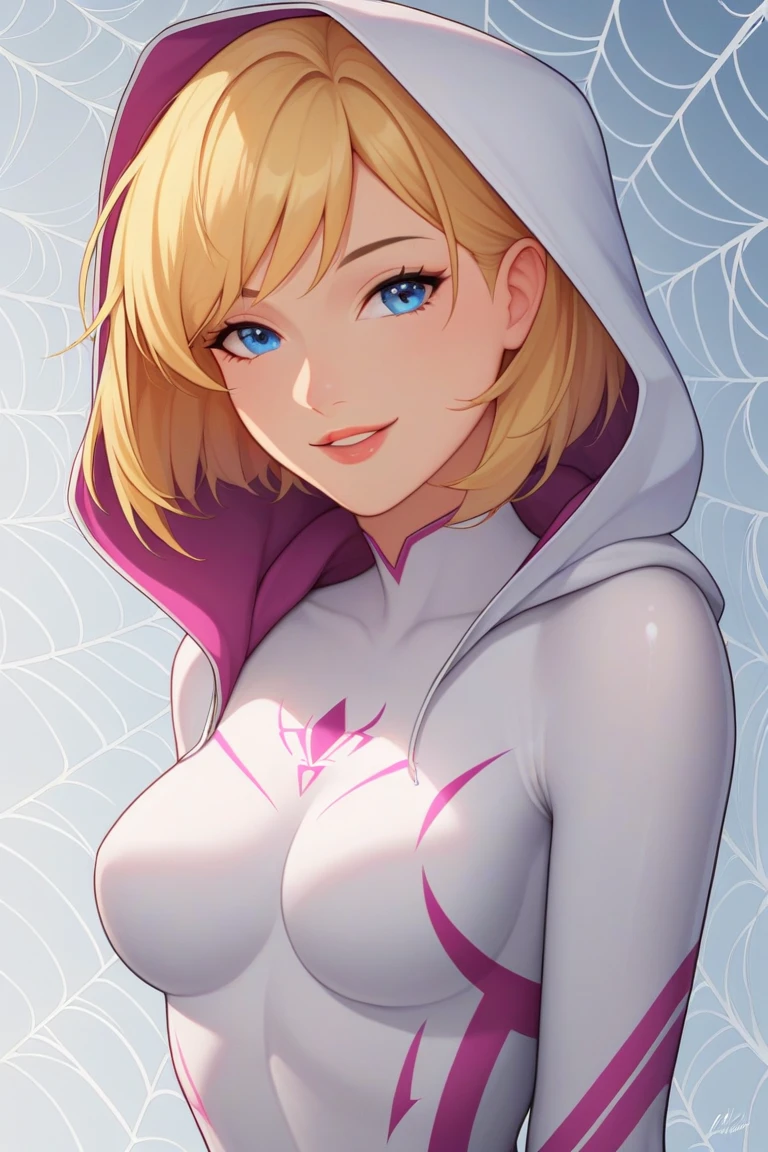 highres, highest quallity, illustration, ultra detailed, cinematic lighting, best quality, hyper detailed, masterpiece,1 spider-gwen girl, blond shaved sides hair, blue eyes, smile, solo, spider-gwen suit, spider gwen mask, hood, medium breasts, light rays, (colorful), (standing:1.2), pink tones, spider gwen, her suit her skin, unwearing mask, lie on bed, (nsfw:1.5), white skin, spider gwen mask, on bed , can see between legs , M legs, She was wearing a pink lace bra. The pink lace panties were between her legs and white mucus was stretching out