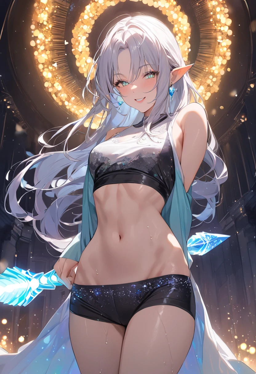 WomanHair: White
Eye colors: Grey, Red
Eye pupil: Dragon-like
Clothing: Medium gray (not green), elf ears
Body type: Thin, decently toned muscle
Abdominal muscles: At least a 4 pack, not too defined
Scars: Old scars on abs, biceps
Role: Mage, quick and athletic
Pose: Smirking
Facial expression: Smirk
Hairstyle: French braid (left shoulder)