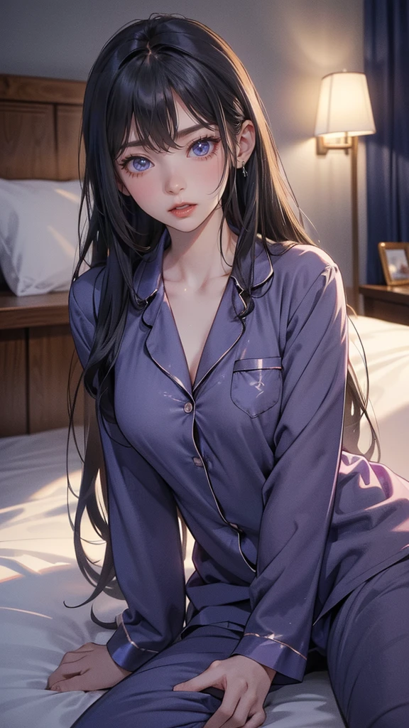 Sleeping girl, 22 years old, realistic, she is wearing pile light purple long pajama, brown hair.