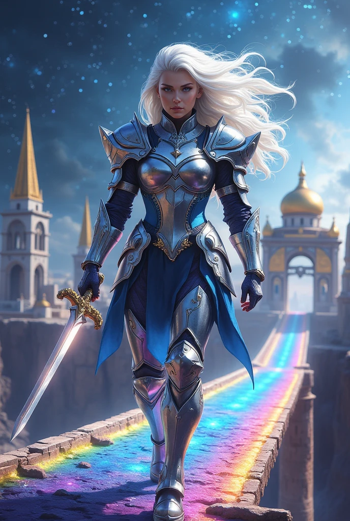 score_9, score_8_up, score_7_up, score_6_up, score_5_up, score_4_up, source_anime, solo focus, white hair Valkyrie, silver valkyrie armor, asgardian armor, warrior helmet, sword on seath, shine, glitter, sparkle, view from above, (walking on rainbow bridge:1.3), (bifrost bridge), (vibrant rainbow), (the city of asgard) space, dynamic angle, dramatic lighting