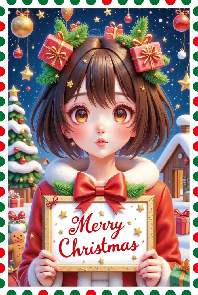 Christmas postcard，Beautiful women's words，Hair is decorated with gifts +Christmas tree+Hut+Gingerbread Man+Bow。Short hair，  beautiful face， skin details ，Finding an audience，In a cozy room。Official illustrations，cute，interesting
