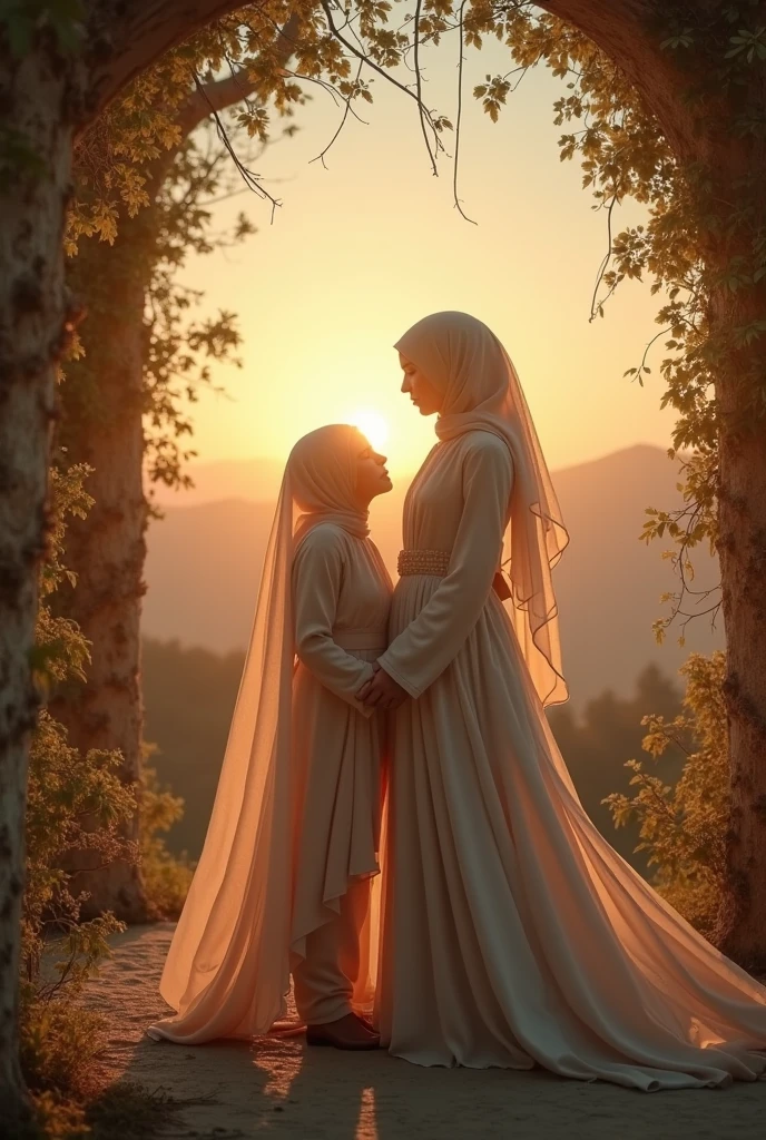 2 muslim friends with gown holding hands on swing .in park with flowers , birds in sky, love shape clouds