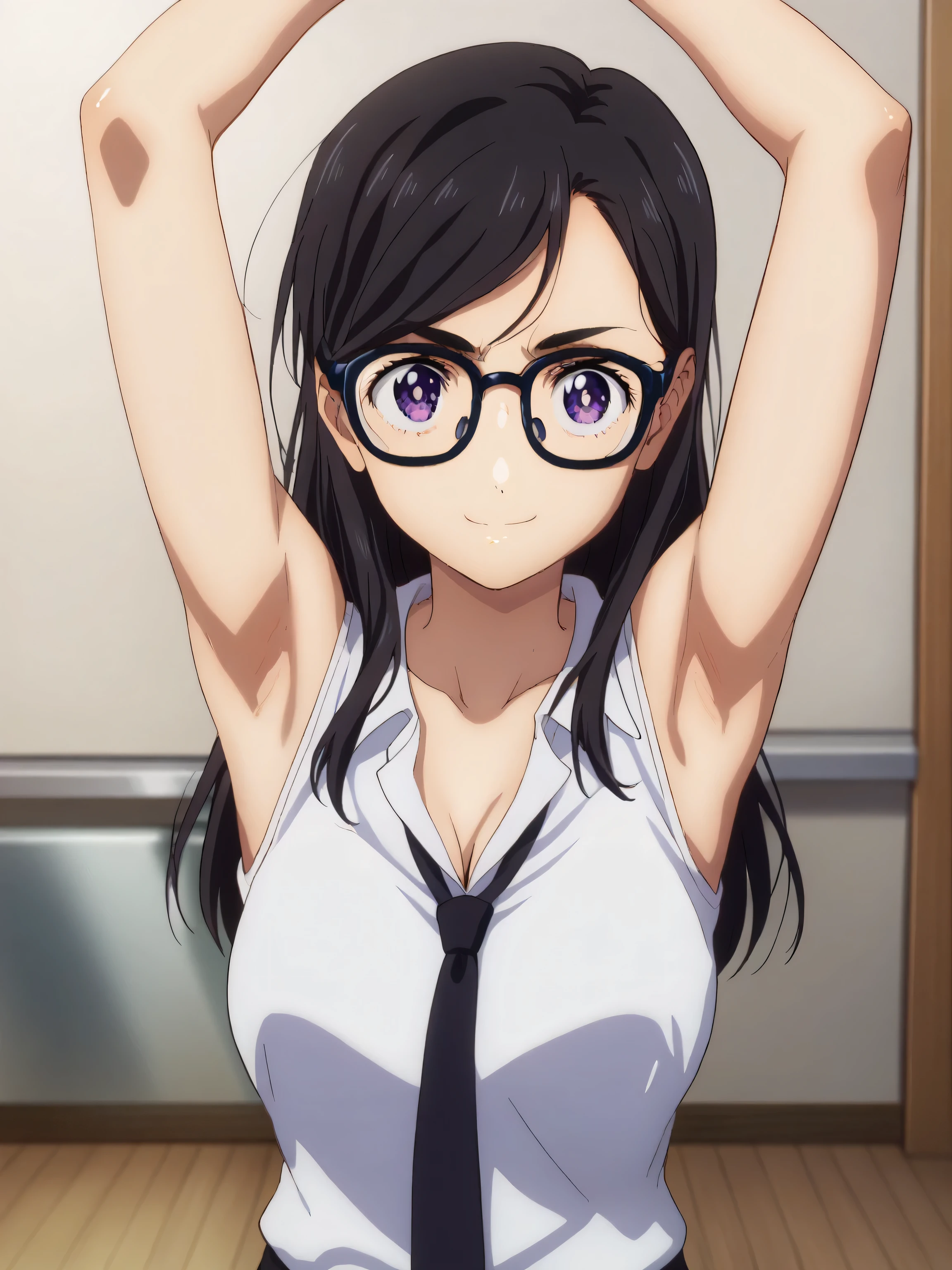 score_9, score_8_up, score_7_up, source_anime, anime screencap, 1girl, solo, hizuru minakata, long hair, black hair, glasses, purple eyes, black-framed eyewear, white shirt, collared shirt, sleeveless shirt, black necktie, office lady, arms up, raised arms, armpits, from above, looking at viewer, head towards viewer, smile, closed mouth, badhandv4, indoors, office, large breasts 