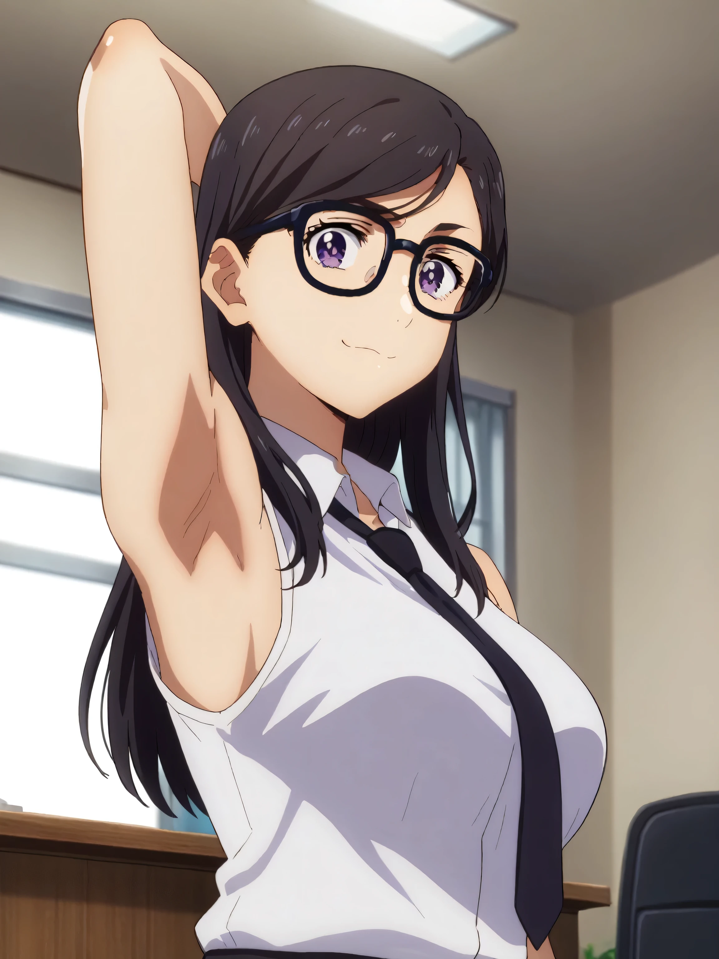 score_9, score_8_up, score_7_up, source_anime, anime screencap, 1girl, solo, hizuru minakata, long hair, black hair, glasses, purple eyes, black-framed eyewear, white shirt, collared shirt, sleeveless shirt, black necktie, office lady, arms up, raised arms, armpits, from above, looking at viewer, head towards viewer, smile, closed mouth, badhandv4, indoors, office, large breasts 