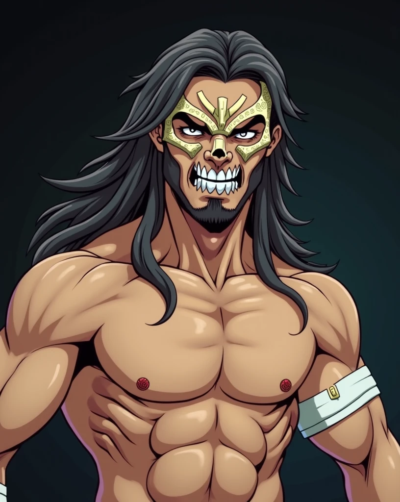 Create a masked wrestler with a good physique, that the mask is inspired by a Hydra. It shows him looking straight ahead and with a style similar to that of the Tiger Mask manga.