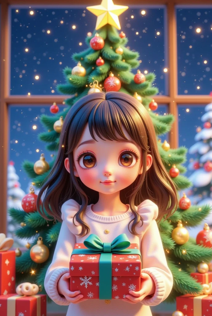 A girl is holding a present in front of a Christmas tree, Adorable realistic portrait , Realistic anime 3D style ,  trending on cgstation , 3D animation realistic,  rendering a cute 3D anime girl with long hair and blue eyes,   Realistic Cute Girl Paintings , Anime style 3d,  Realistic anime  girl render, Visual effects of cute girls in anime ,  cute anime girl , 8K)),  Realistic anime 