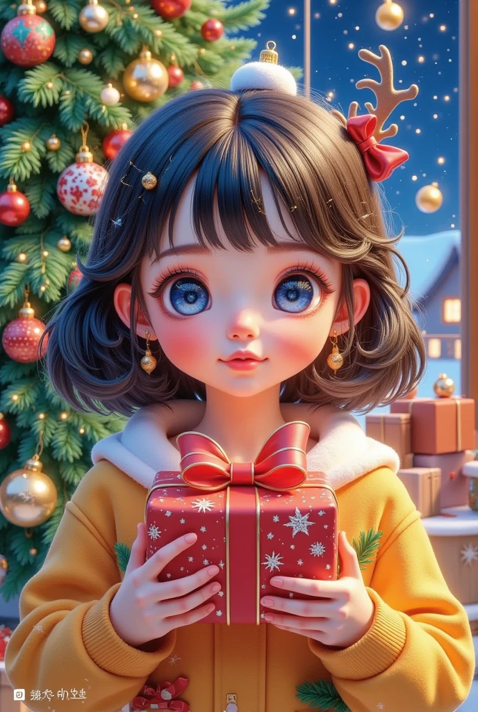 A girl is holding a present in front of a Christmas tree, An ultra-realistic painting inspired by Cheng Yanjun,  is popular in the CG community,  realism, Adorable realistic portrait , Realistic anime 3D style ,  trending on cgstation , 3D animation realistic,  rendering a cute 3D anime girl with long hair and blue eyes,   Realistic Cute Girl Paintings , Anime style 3d,  realistic anime girl rendering 