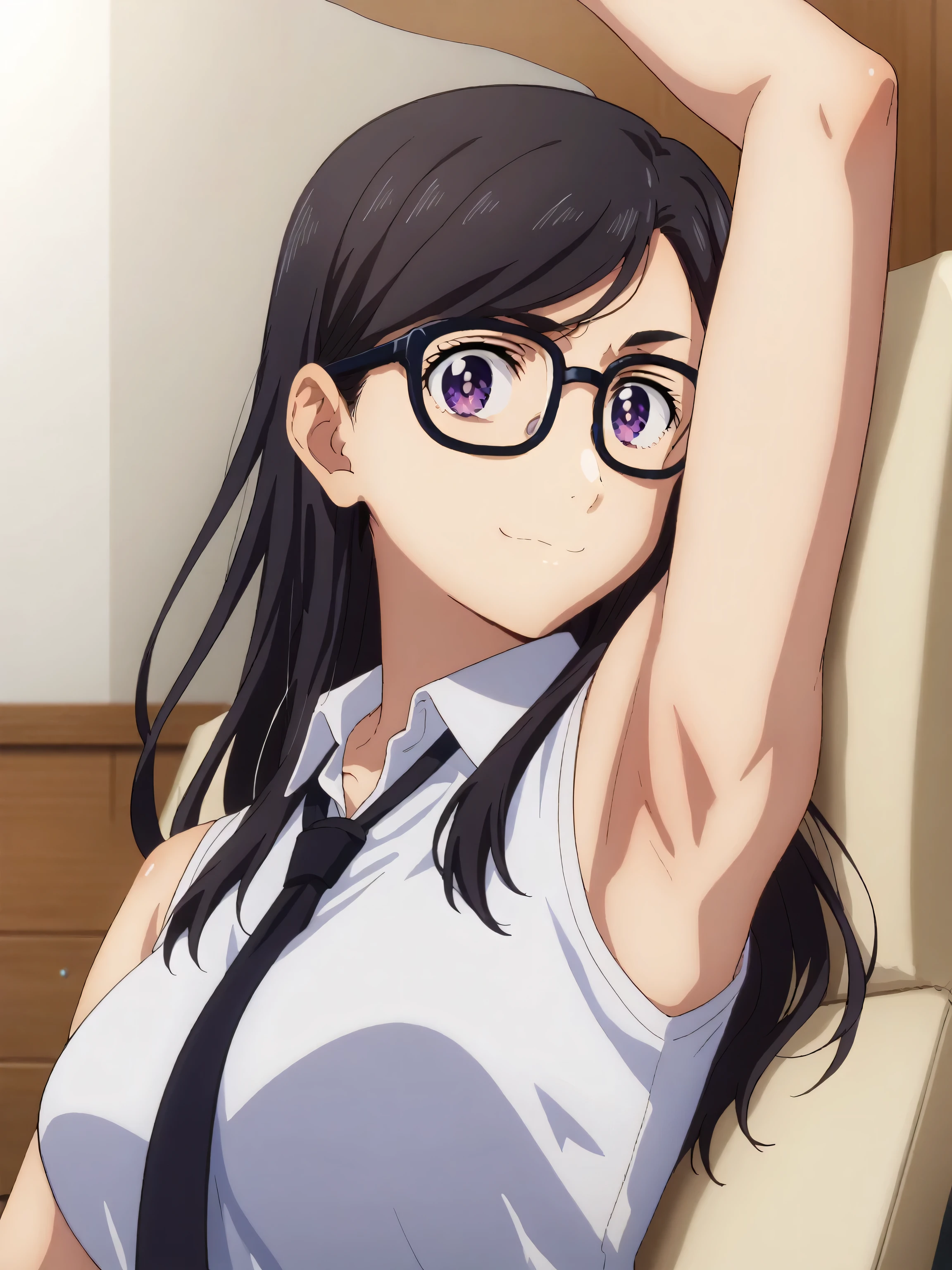 score_9, score_8_up, score_7_up, source_anime, anime screencap, 1girl, solo, hizuru minakata, long hair, black hair, glasses, purple eyes, black-framed eyewear, white shirt, collared shirt, sleeveless shirt, black necktie, office lady, arms up, raised arms, armpits, from above, looking at viewer, head towards viewer, smile, closed mouth, badhandv4, indoors, office, large breasts 