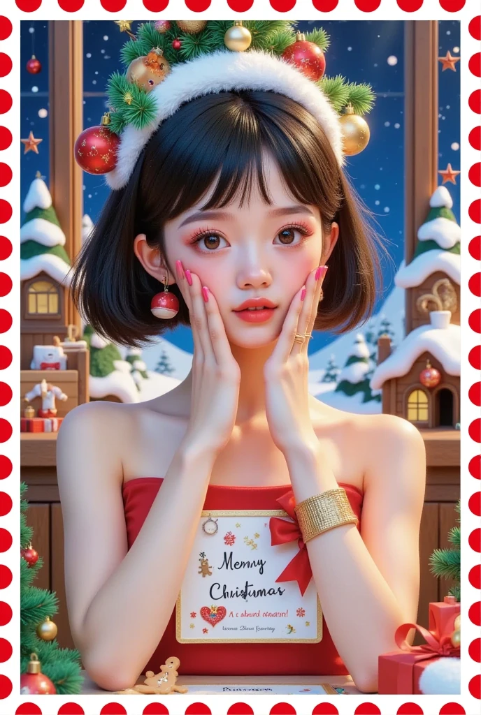 Christmas postcard，Beautiful women's words，Hair is decorated with gifts +Christmas tree+Hut+Gingerbread Man+Bow。Short hair，  beautiful face， skin details ，Finding an audience，In a cozy room。Official illustrations，cute，interesting
