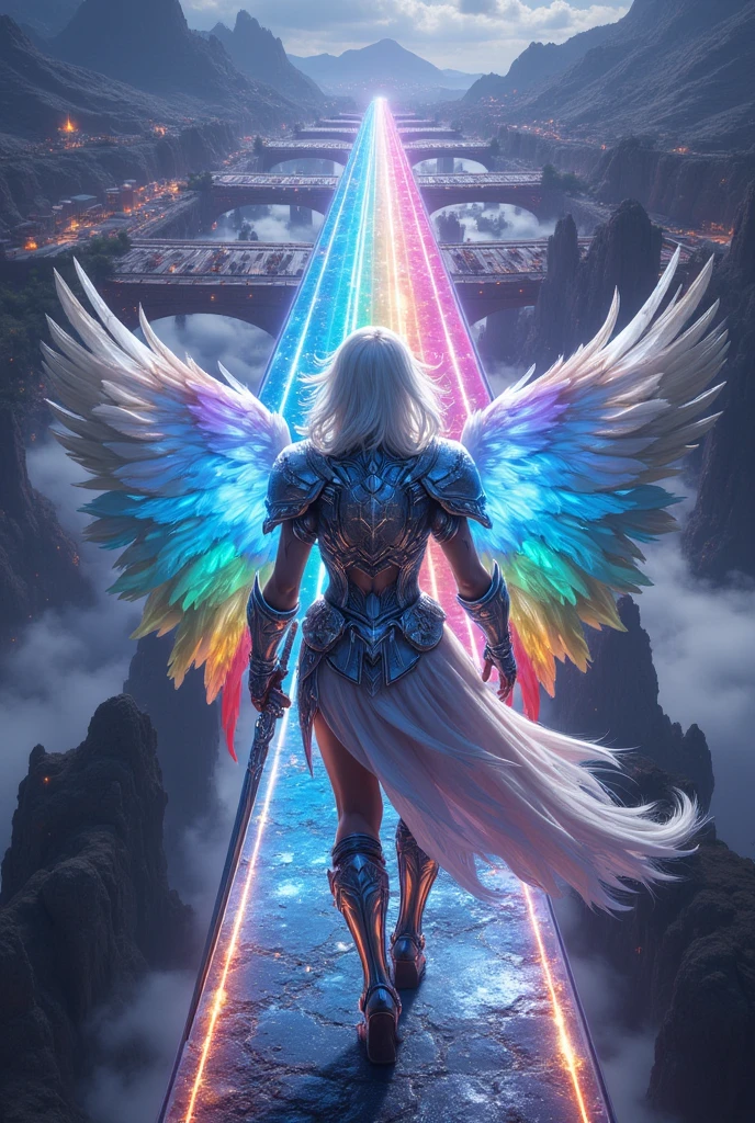 score_9, score_8_up, score_7_up, score_6_up, score_5_up, score_4_up, source_anime, solo focus, white hair Valkyrie, silver valkyrie armor, asgardian armor, warrior helmet, sword on seath, shine, glitter, sparkle, view from above, (walking on rainbow bridge:1.3), (bifrost bridge), (vibrant rainbow), (the city of asgard) space, view from behind, dynamic angle, dramatic lighting