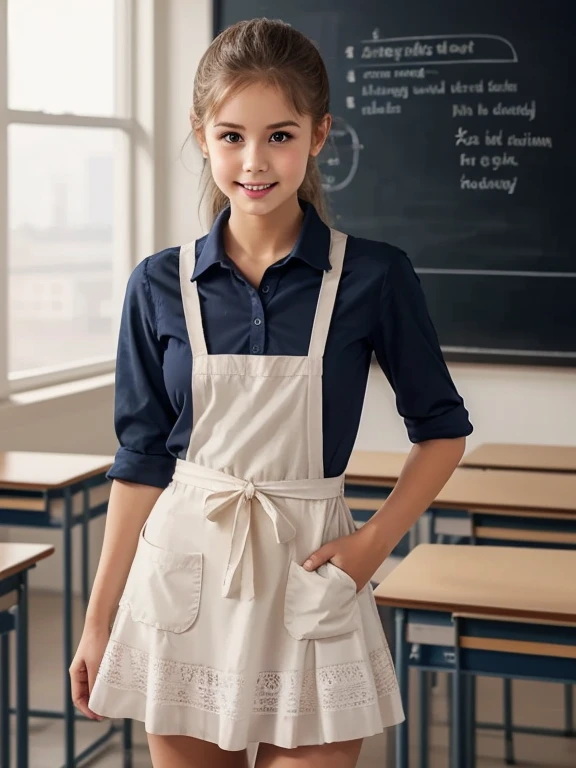 a  ******girl standing at a chalkboard in a classroom, answering a lesson, realistic 1970s photo, dark brown maid dress, white lace apron, school uniform, realistic, detailed, photorealistic, photo-realistic, high quality, 8K, HDR, physically-based rendering, professional, vivid colors, studio lighting, sharp focus, masterpiece