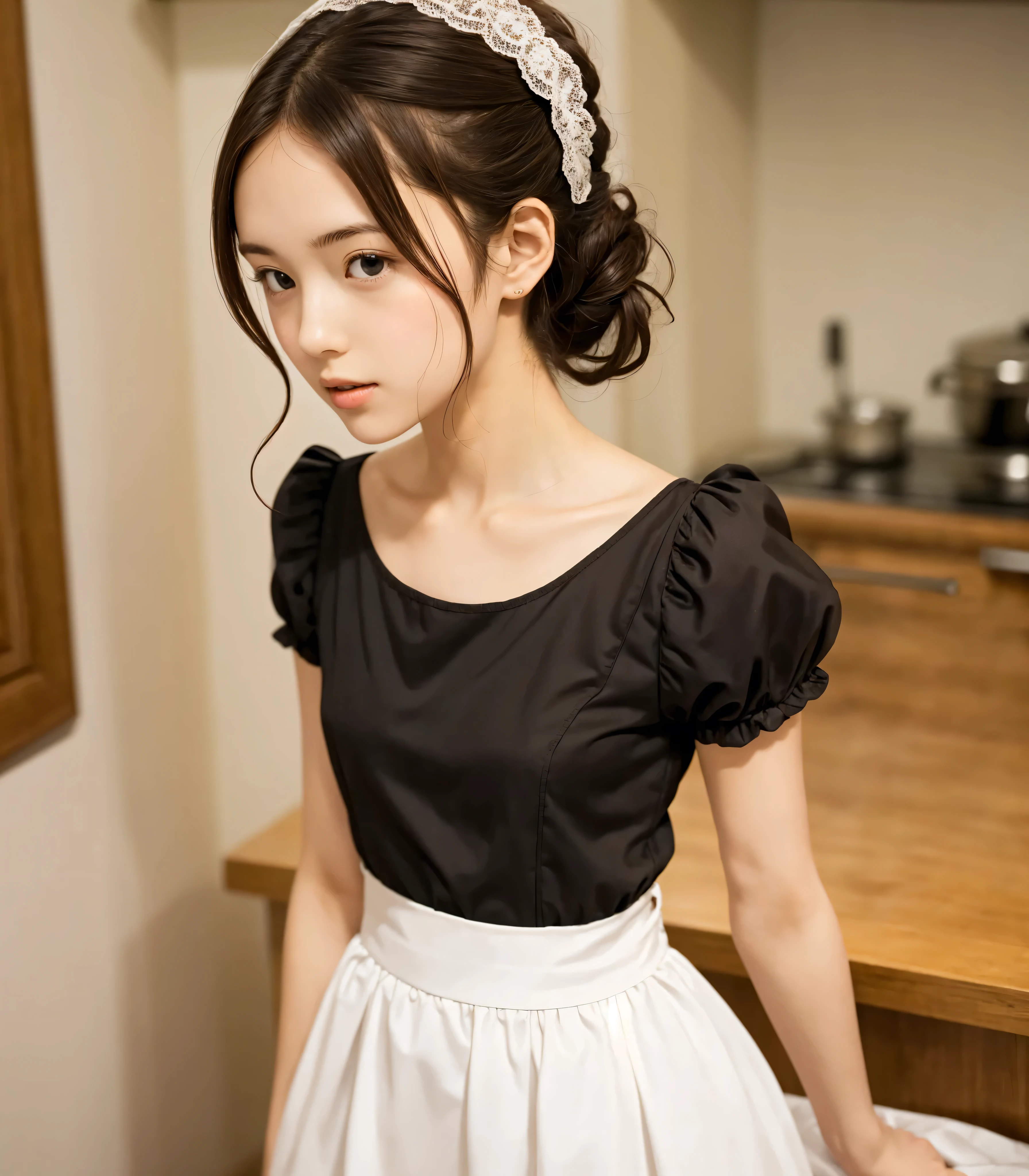 Maid, chignon hair,brown hair,slender body,cute pretty girl