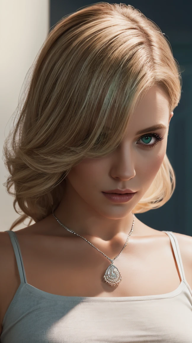 Long blonde wavy hair, sea-green eyes, 30ish years old, gorgeous woman,  (beautiful face: 1.2), Looking at viewer, flirting, desire in her eyes, tight t-shirt, bare midriff,  decolletage, soft feminine body, intricate diamond and white gold necklace, charcoal color pencil skirt, (realistic, detailed,  digital art,  4k,  ultra hd: 1.2), Impressionism, 8K Octane, Braid, Hair Over One Eye, Asymmetrical Hair, (photorealistic: 1.2)Masterpiece, Anatomically Correct, Best Quality, High Details, breathtaking, sensual, intimate setting, moonlight