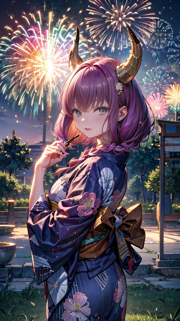 (masterpiece),  best quality, (((  super detailed , 8K quality))),  's expressive eyes ,  perfect face, perfect anatomy,  perfect body for a lawn, scene, aaaura,  braided , twin  braided s, horn,  blue eyes,  choker,, ((yukata)、((Background fireworks))(background festival stall)