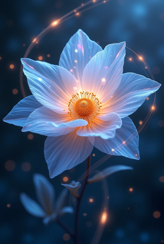 Trascendence flower with a touch of space galaxy texture around it, multiple streaks of beautiful light twirls around the flower which has some of its petals in the form of pure clean glass emitting iridescence