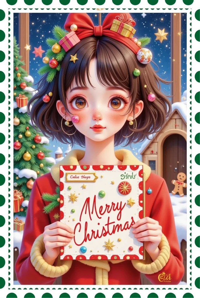 Christmas postcard，Beautiful women's words，Hair is decorated with gifts +Christmas tree+Hut+Gingerbread Man+Bow。Short hair，  beautiful face， skin details ，Finding an audience，In a cozy room。Official illustrations，cute，interesting
