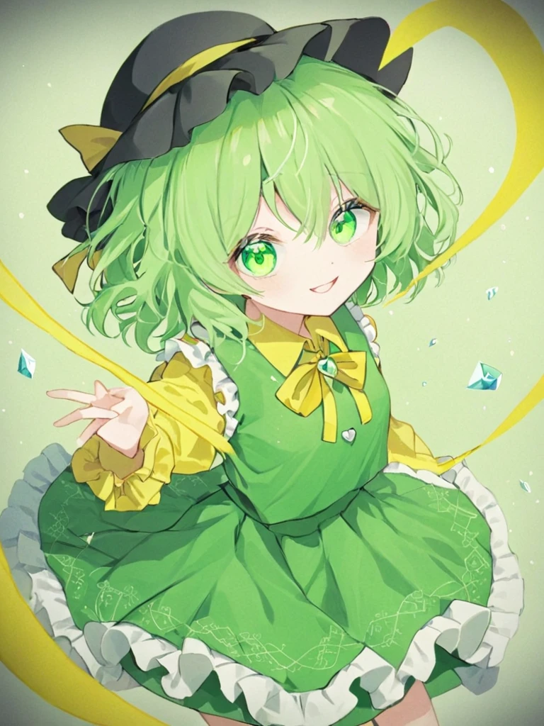  1 girl , Alone,  comage _koishi, hin,  shirt, 三番eye_eye, yellow_ shirt,  skirt, smile, Watching_in_ viewer, black_ headwear, length_sleeve, green_ skirt, closure_mouth, frills, ribbon, hin_ribbon, Frilled_ shirt_ color, yellow_ribbon, green_eyes, ,  diamond _button, hair_between_eyes, heart, blouse, 前hair, eyeball,  medium_hair, green_eyes, symbol-shaped_student, green_hair, buttons,  bright _student