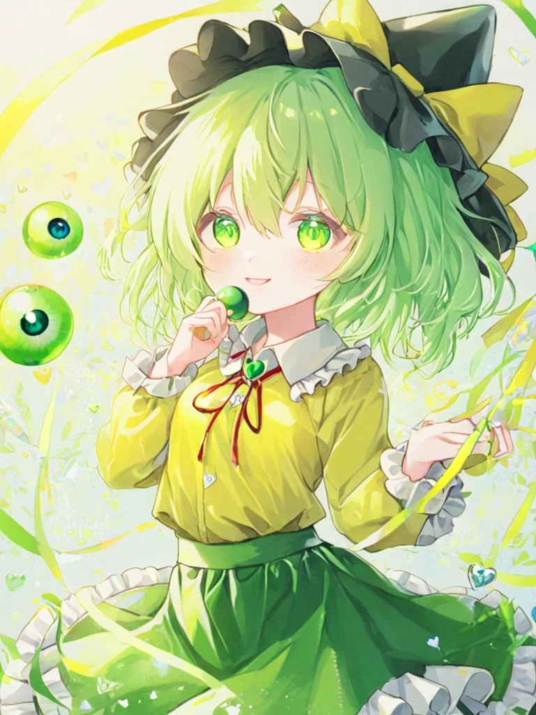  1 girl , Alone,  comage _koishi, hin,  shirt, 三番eye_eye, yellow_ shirt,  skirt, smile, Watching_in_ viewer, black_ headwear, length_sleeve, green_ skirt, closure_mouth, frills, ribbon, hin_ribbon, Frilled_ shirt_ color, yellow_ribbon, green_eyes, ,  diamond _button, hair_between_eyes, heart, blouse, 前hair, eyeball,  medium_hair, green_eyes, symbol-shaped_student, green_hair, buttons,  bright _student