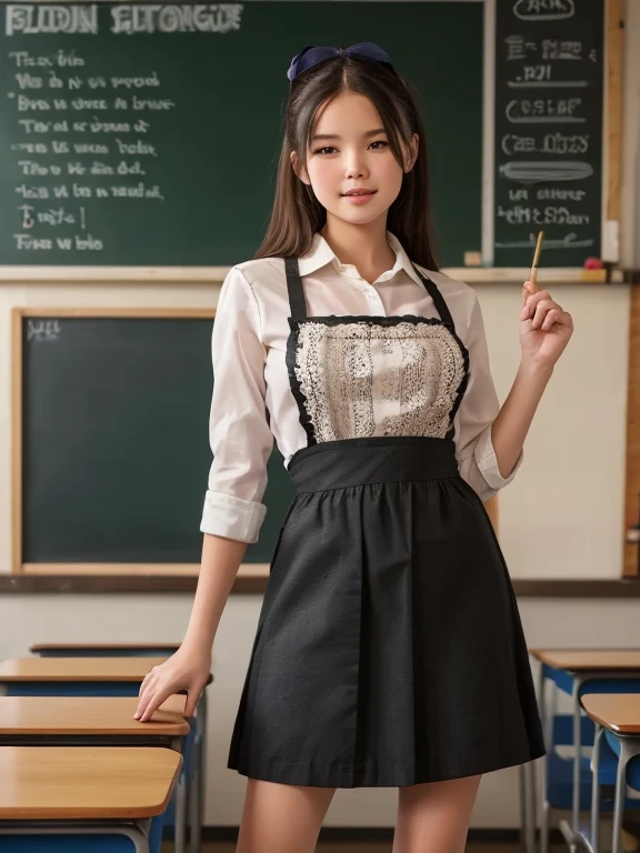 a schoolgirl standing at a chalkboard in a classroom, answering a lesson, realistic 1970s photo, dark brown maid dress, white lace apron, school uniform, realistic, detailed, photorealistic, photo-realistic, high quality, 8K, HDR, physically-based rendering, professional, vivid colors, studio lighting, sharp focus, masterpiece