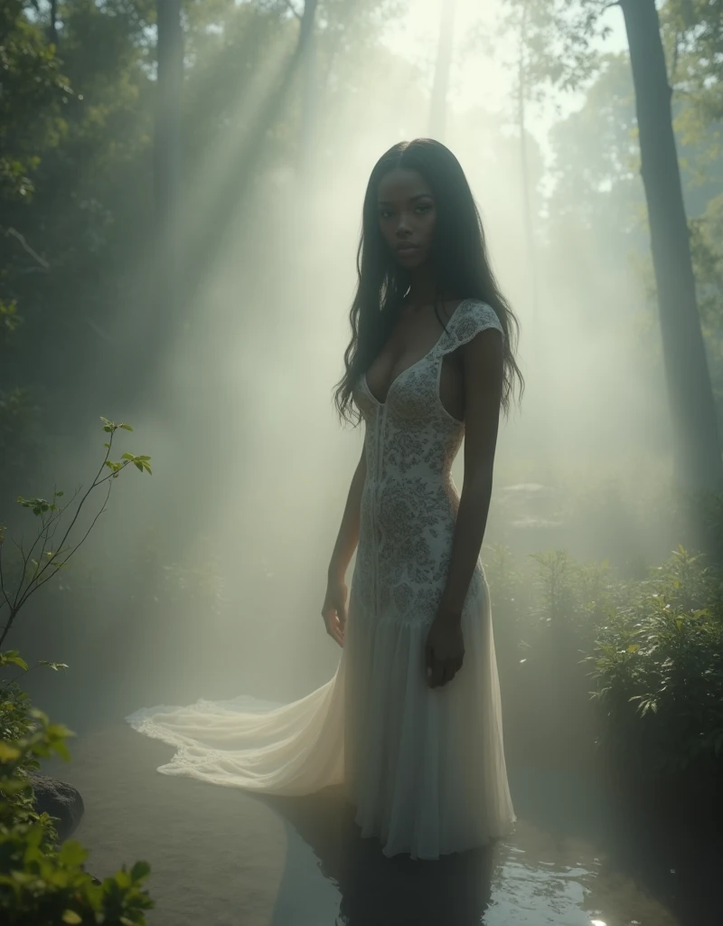 (masterpiece, best quality, super detailed, beautiful details eyes, Clean and delicate face), Super realistic, wide shot, 1 lady, solo, whole body, A black lady with black long hair stands by a forest spring, sexy lace light translucent dress,((a Mysterious Thick Fog surrounds only her body slightly visible through the fog, her face is clearly visible, her body is only visible in silhouette)), ((Sun filters through the fog)), her silhouette has a beautiful figure, ((It's as if the goddess is wearing a Mysterious Fog)), Beautiful Art Ultra HD 8K, 8K highly detailed digital art, Generated in SFW