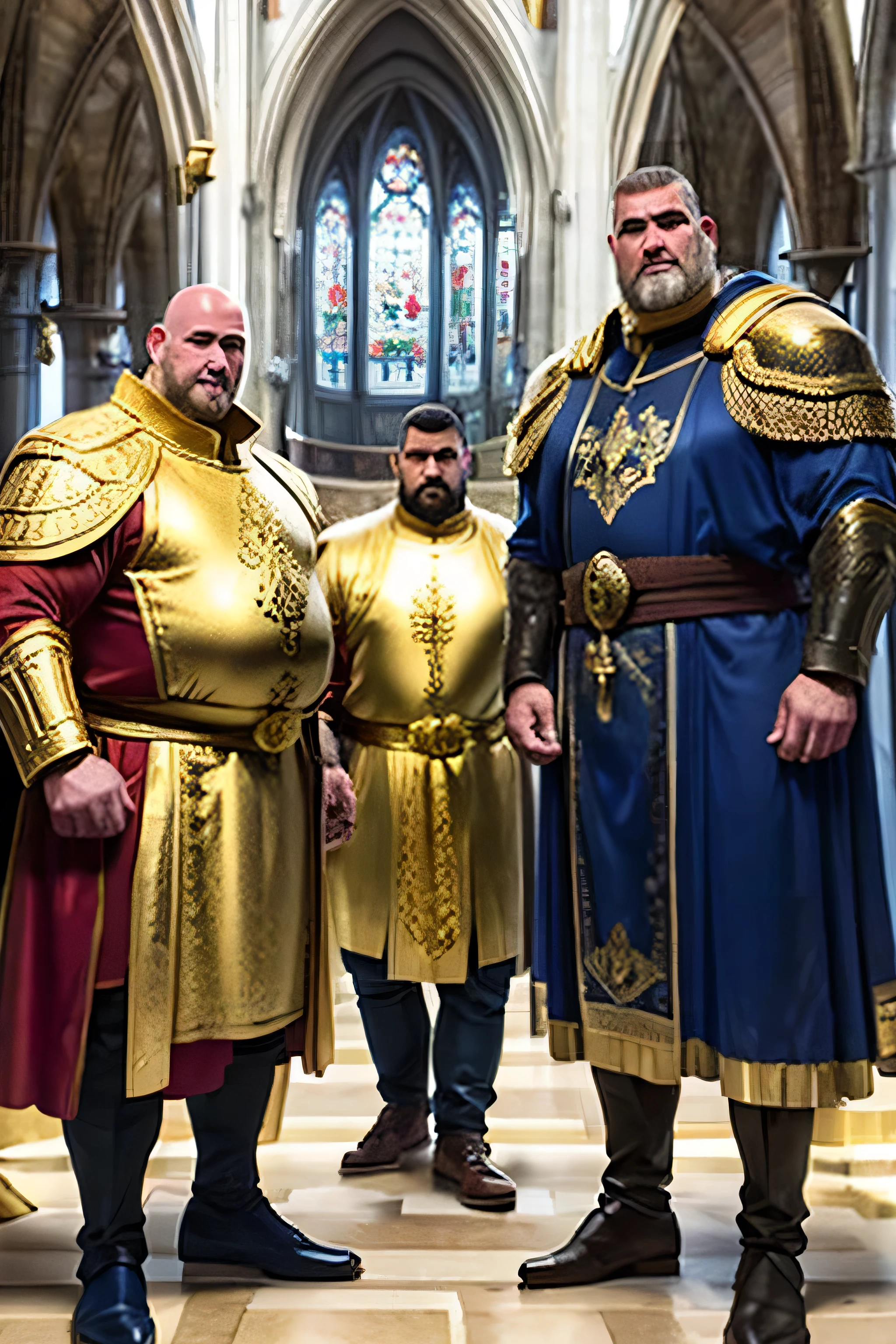 (8k, masterpiece, HD, ultra-realistic) Four knights standing beside each other: a tall Caucasian blond guy with short hair, an obese yet muscular Chinese guy wearing glasses, a short Hispanic guy with thick stubbles, and a bald African guy with blue eyes. The armors that they are wearing are caped with vermillion hue. Above knee shot. Red, navy blue, and gold color palette. Cathedral background, tainted glass windows, blurred background.