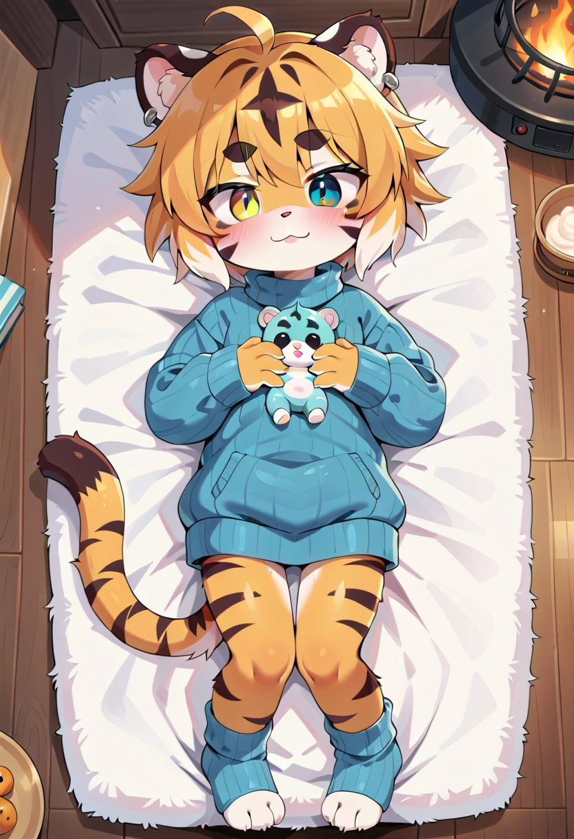 masterpiece, high resolution, best quality, (furry tiger girl, baby body, baby height, flat chest, animal face, animal skin, animal fur, tiger ears, tiger tail), heterochromia, multicolored hair, short hair, piercing, makeup, tattoo, long knitted sweater, warm socks, front, from above, lying on the carpet next to the fireplace, raising his hands to the viewer, tenderness, love, shyness, blush, room