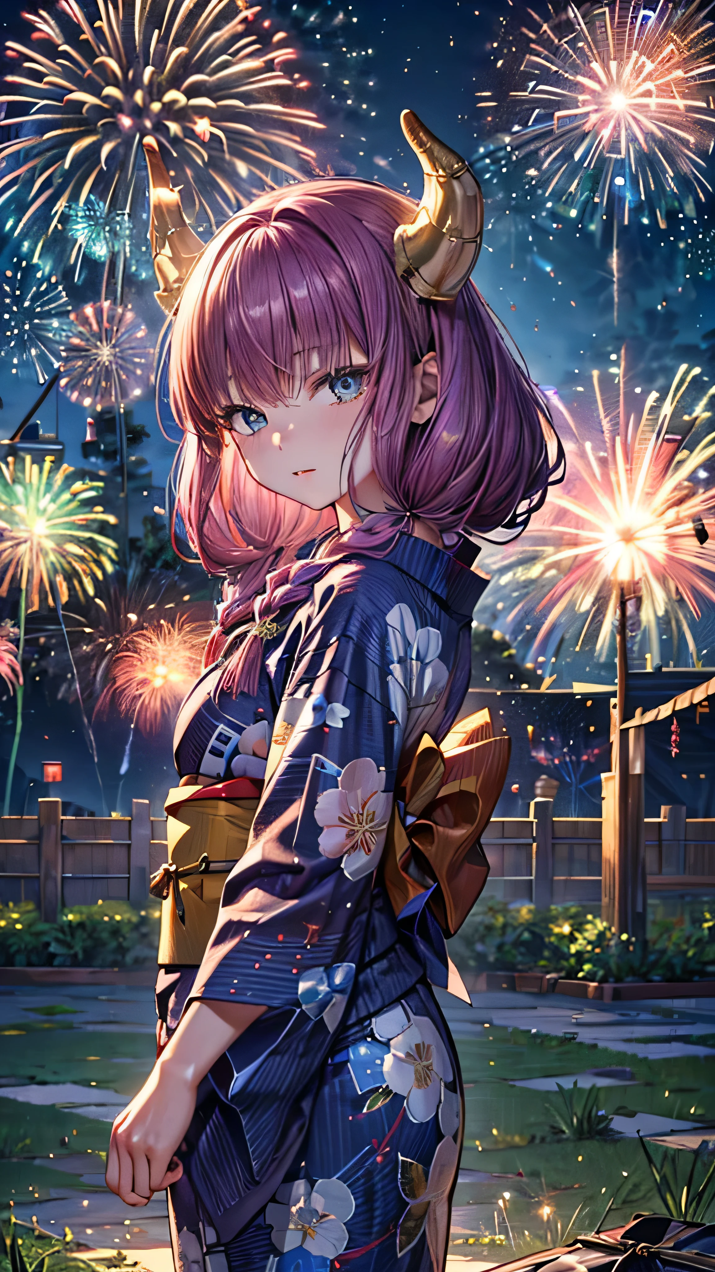 (masterpiece),  best quality, (((  super detailed , 8K quality))),  's expressive eyes ,  perfect face, perfect anatomy,  perfect body for a lawn, scene, aaaura,  braided , twin  braided s, horn,  blue eyes,  choker,, ((yukata)、((Background fireworks))(background festival stall)