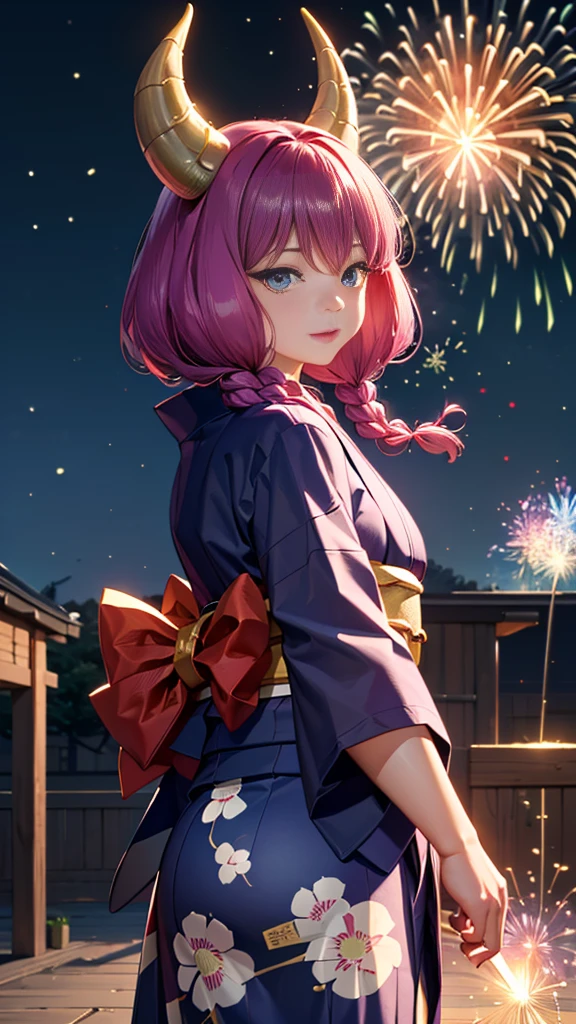 ((apple candy ))、( eats)(masterpiece),  best quality, (((  super detailed , 8K quality))),  's expressive eyes ,  perfect face, perfect anatomy,  perfect body for a lawn, scene, aaaura,  braided , twin  braided s, horn,  blue eyes,  choker,, ((yukata)、((Background fireworks))(background festival stall)