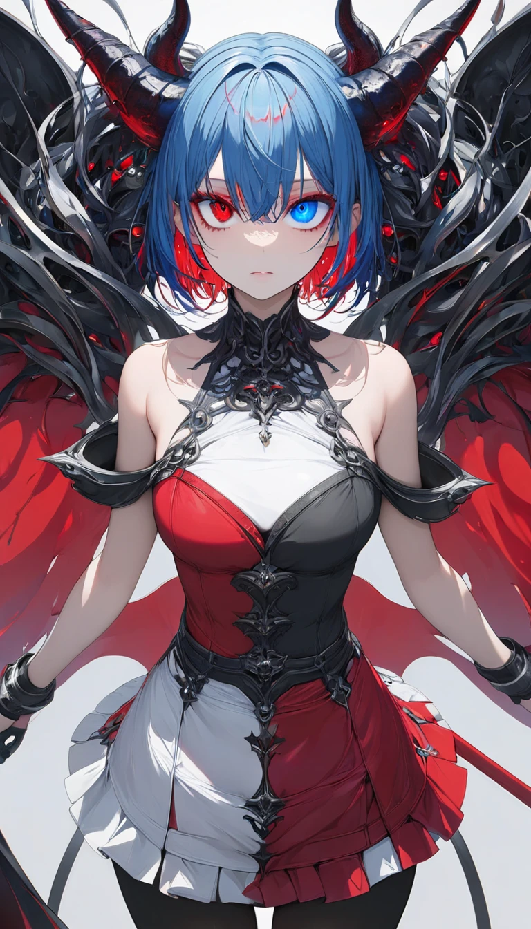 Devil adult female,Red eyes,Black wings、Black Tail、Sick eyes、Shadow on face、Glaring、Black Dress、Dark emotions、Crows flying in circles in the sky、Black Tears