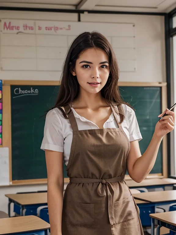 a schoolgirl standing at a chalkboard in a classroom, answering a lesson, realistic 1970s photo, dark brown maid dress, white lace apron, school uniform, realistic, detailed, photorealistic, photo-realistic, high quality, 8K, HDR, physically-based rendering, professional, vivid colors, studio lighting, sharp focus, masterpiece