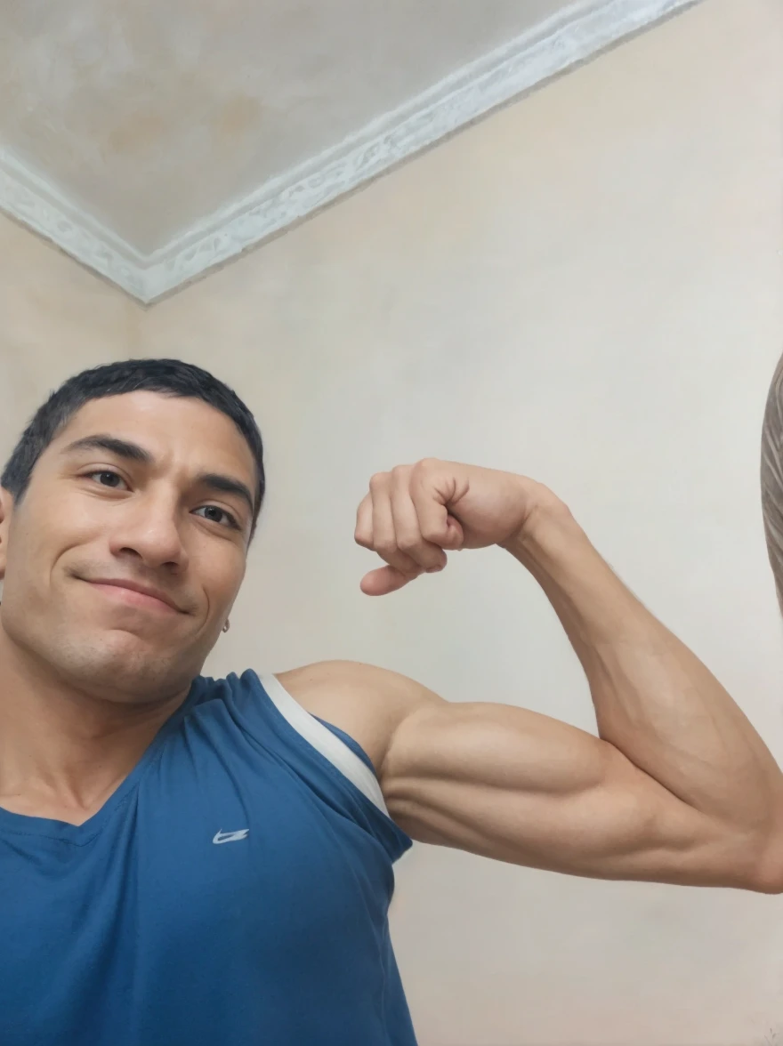 Natural Strong Physique, Don't modify my face, apenas meu corpo, foque na parte abdominal e bicep's, Make a natural photo so it doesn't look like a montage.