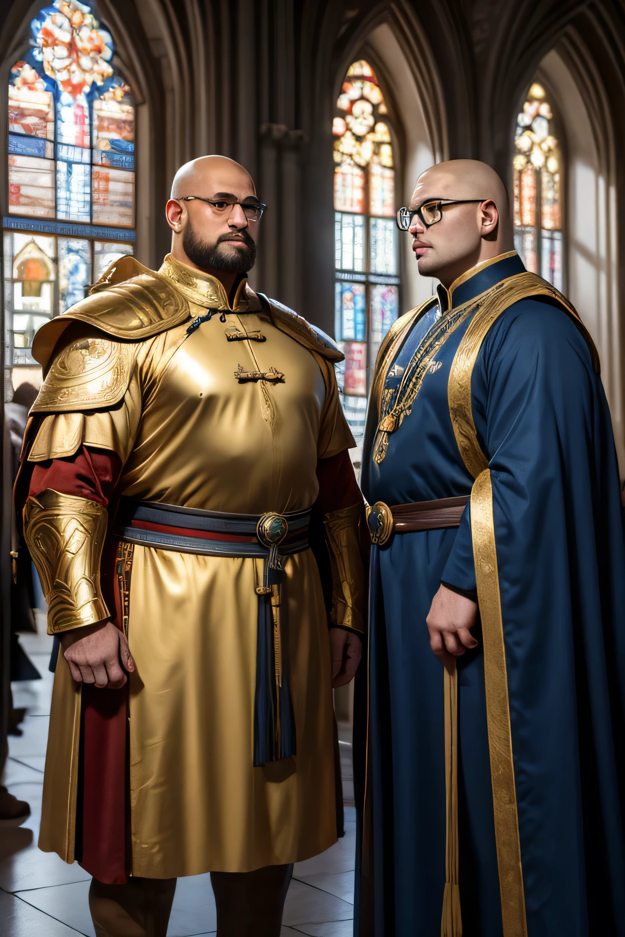 (8k, masterpiece, HD, ultra-realistic) Four knights standing beside each other: a tall Caucasian blond guy with short hair, an obese yet muscular Chinese guy wearing glasses, a short Hispanic guy with thick stubbles, and a bald African guy with blue eyes. The armors that they are wearing are caped with vermillion hue. Above knee shot. Red, navy blue, and gold color palette. Cathedral background, tainted glass windows, blurred background.