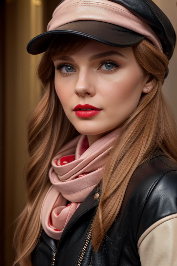 Selfie of a Russian woman with flowing extra long ginger hair with bangs, fair porcelain skin, capturing her cuteness with soft make-up and red lipstick, adorned in a leather jacket, riding boots, black newsboy cap, and a pink scarf, ultra realistic, highly detailed, UHD, high resolution, dramatic lighting, golden ratio