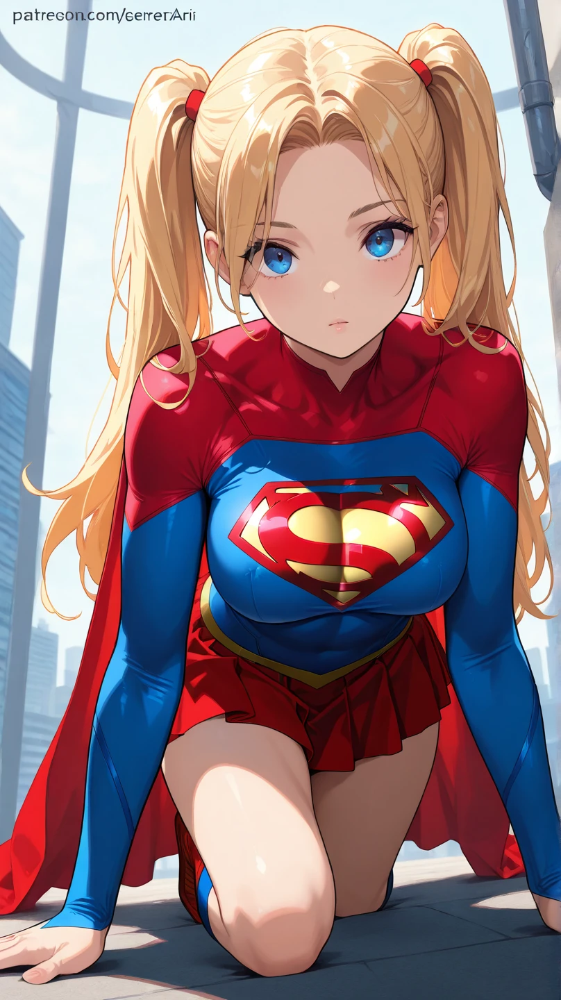 1girl, High Resolution, Breasts, Long Hair, Looking at viewer, supergirl, Masterpiece, High Resolution, Anatomically Correct, Blonde Hair, Twintails, skirt, cybernetic, Very Long Hair, Blue eyes, bending down to pick up an Apple