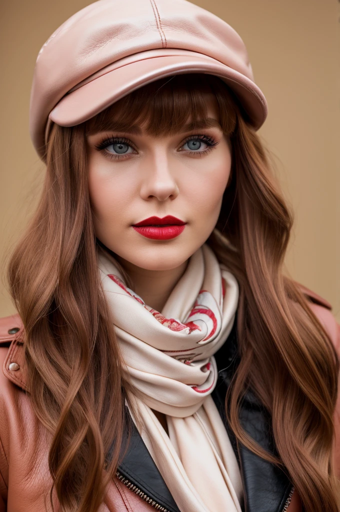 Selfie of a Russian woman with flowing extra long ginger hair with bangs, fair porcelain skin, capturing her cuteness with soft make-up and red lipstick, adorned in a leather jacket, riding boots, black newsboy cap, and a pink scarf, ultra realistic, highly detailed, UHD, high resolution, dramatic lighting, golden ratio