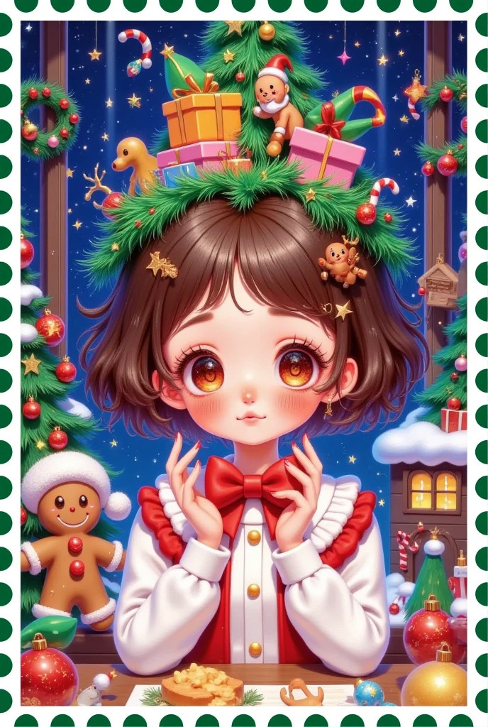 Christmas postcard，Beautiful women's words，Hair is decorated with gifts +Christmas tree+Hut+Gingerbread Man+Bow。Short hair，  beautiful face， skin details ，Finding an audience，In a cozy room。Official illustrations，cute，interesting
