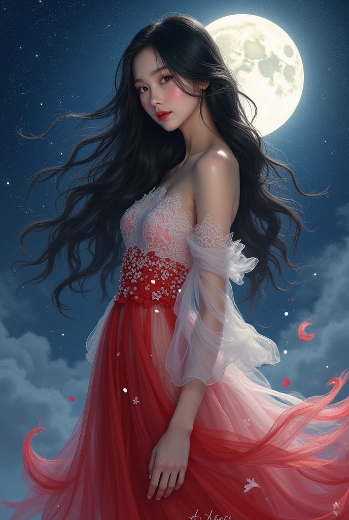 (masterpiece, best quality:1.2), a masterpiece, stunning detail, an action shot, low angle, (top quality)), ((masterpiece)), a long hair girl, transparent long red dress, dance remove with a man, lamps, brown hair, shirt, black hair, 1boy, cleavage, jewelry, remove, hetero, multiple couples, pants, looking at another, bracelet, transparent dress, ,outdoors, full moon, strong wind, outdoors, full body, starry sky, at sea,,outdoors,(remove:1.2),Red Lipoism Art Nouveau,Illustration style,