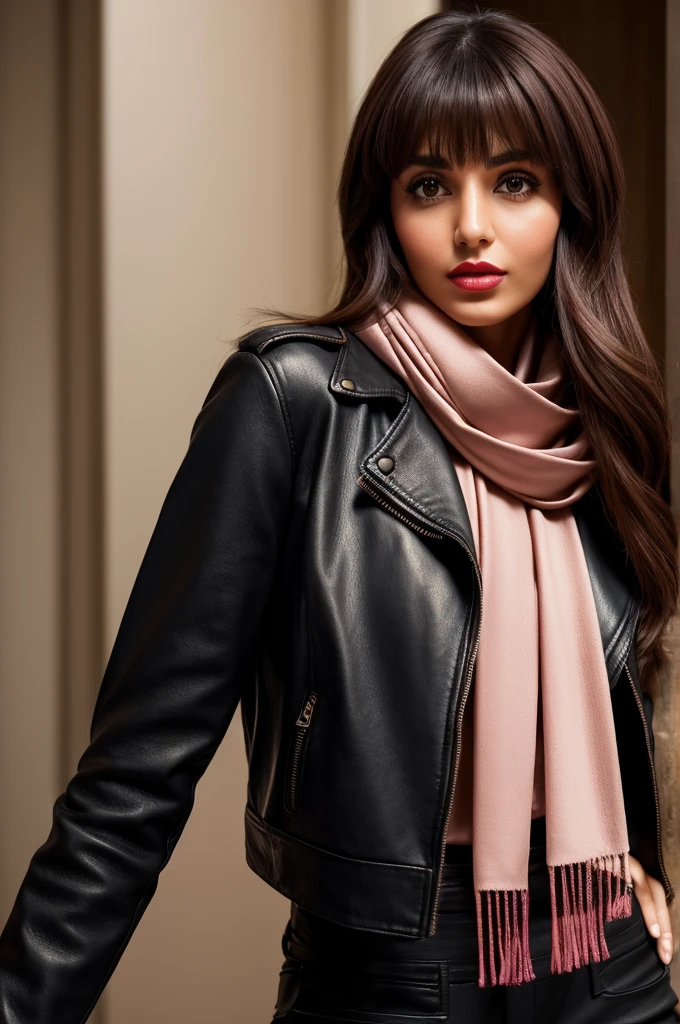 Iranian woman with flowing cascading brown hair with bangs exhibiting warmth, charm, black leather jacket with feminine touches, skinny trousers, riding boots, pink scarf, leather backpack, soft makeup, striking red lipstick, in a half-body portrait, casual stance, golden ratio composition, vivid lighting emphasizes texture and form, ultra-fine detail captures the mock necklace design, fabric weave, high resolution, 8k, dramatic lighting.