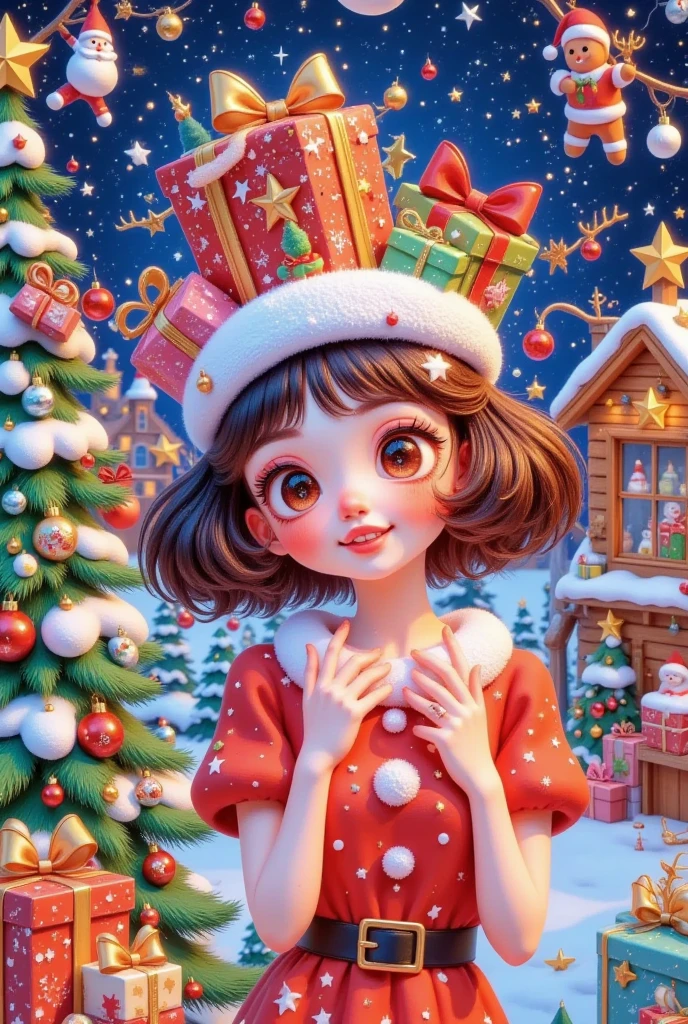 Christmas postcard，Beautiful women's words，Hair is decorated with gifts +Christmas tree+Hut+Gingerbread Man+Bow。Short hair，  beautiful face， skin details ，Finding an audience，In a cozy room。Official illustrations，cute，interesting。Pastel Painting，colored pencil sketch
