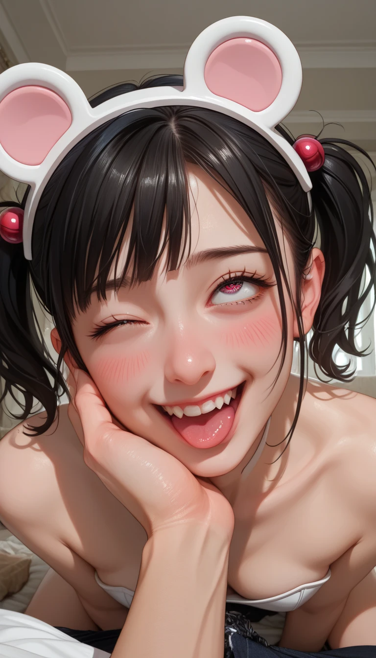 black hair, hair bobbles, wince, longeyelashes, solid circle eyes, fake animal ears, light smile, ear blush, fang, ccurate, ahegao, Surrealism, drop shadow, anaglyph, stereogram, tachi-e, pov, atmospheric perspective, 8k, super detail, best quality