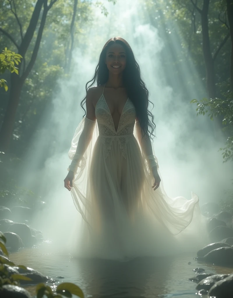 (masterpiece, best quality, super detailed, beautiful details eyes, Clean and delicate face), Super realistic, wide shot, 1 lady, solo, whole body, A black skin lady with black long hair stands by a forest spring, sexy white lace translucent dress,((a Mysterious Thick Fog surrounds only her body slightly visible through the fog, her face is clearly visible, her body is only visible in silhouette)), ((Sun filters through the fog)), her silhouette has a beautiful figure, que les smiling, ((It's as if the goddess is wearing a Mysterious Fog)), Beautiful Art Ultra HD 8K, 8K highly detailed digital art, Generated in SFW