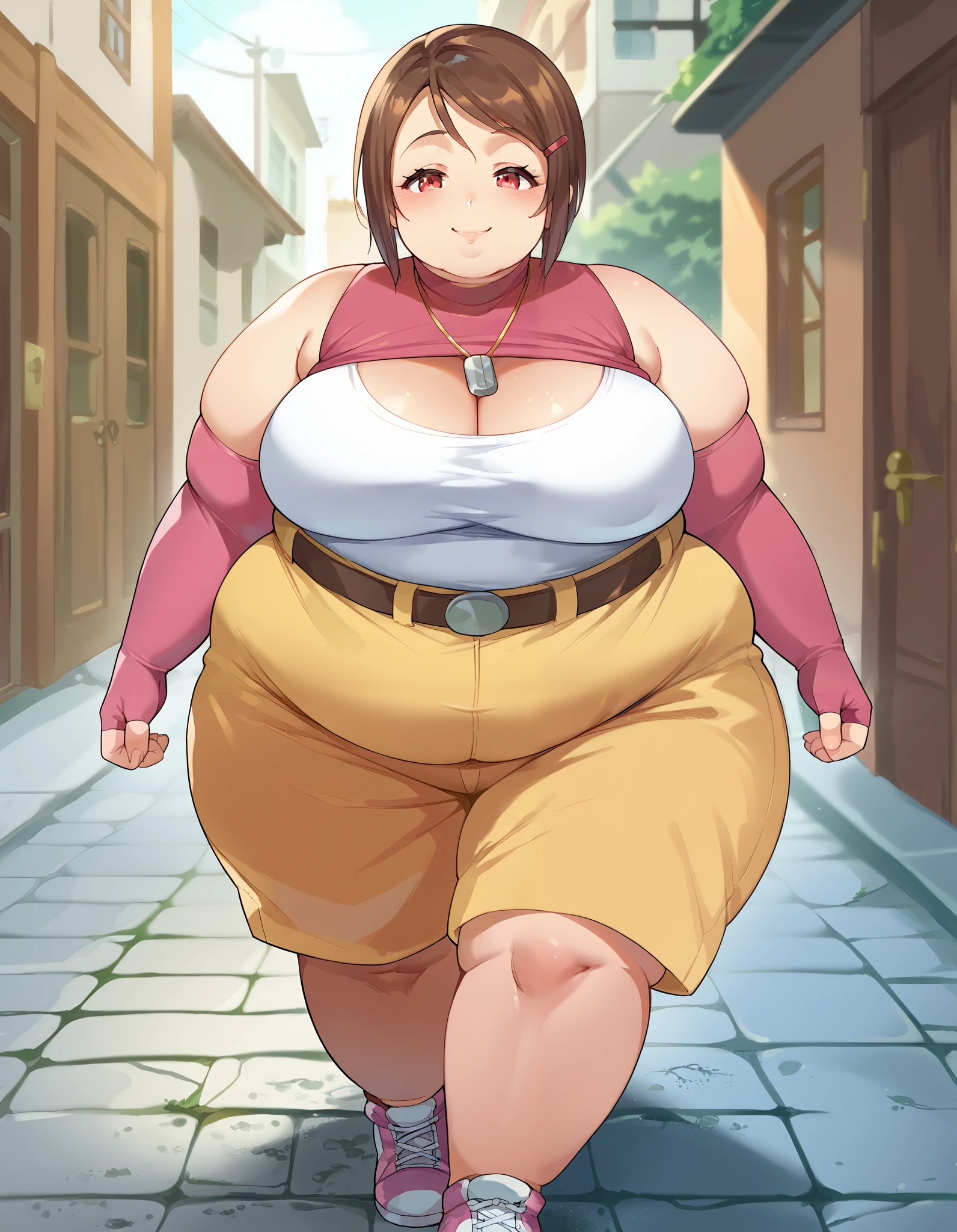 1 girl, alone, ((big breasts)) short hair, brown hair, red eyes, hair clip, elbow-length gloves, pink fingerless gloves, two-tone shirt, sleeveless, necklace, turtleneck sweater, belt, yellow shorts, standing, walking, looking at viewer, flirty smile, sexy pose, blushing, score_9, score_8_up, score_7_up, score_6_up, Score_5_up, Score_4_up, BREAK source_anime, masterpiece, fat, chubby, obese
