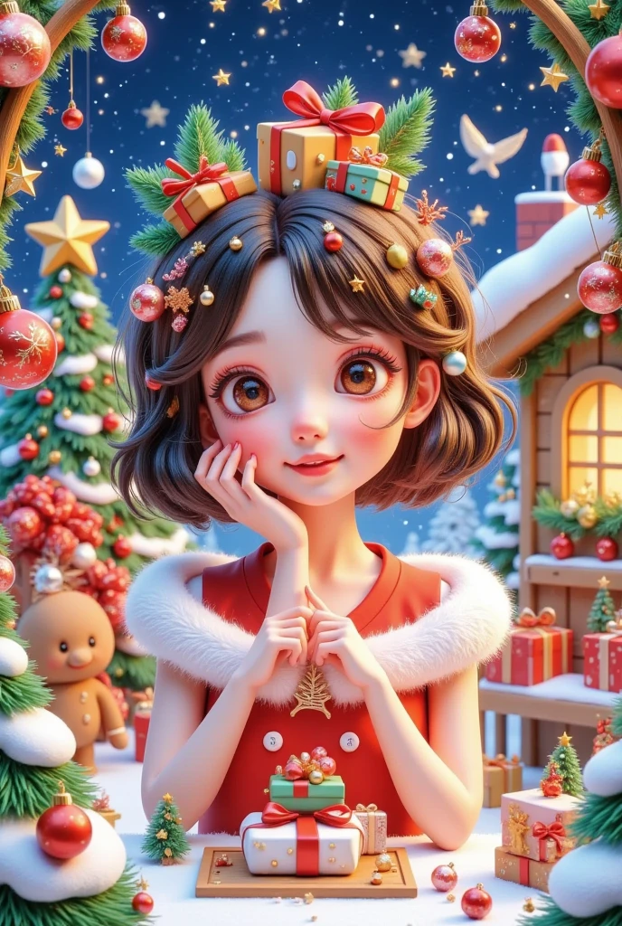 Christmas postcard，Beautiful women's words，Hair is decorated with gifts +Christmas tree+Hut+Gingerbread Man+Bow。Short hair，  beautiful face， skin details ，Finding an audience，In a cozy room。Official illustrations，cute，interesting。Pastel Painting，colored pencil sketch
