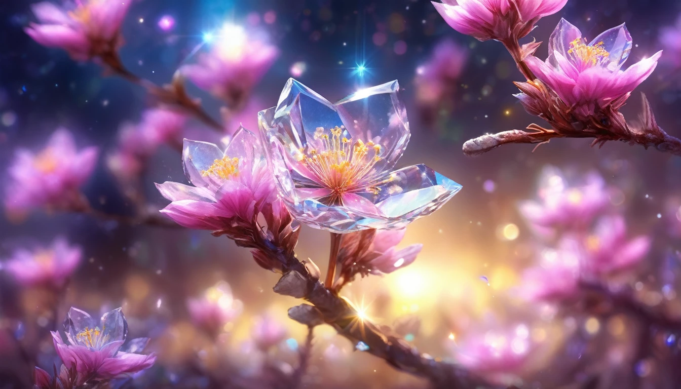 Crystal Spring Blossom,
Fantasy, Milky Way, transparent, 
Sparkling, Sparkling, wonderful, colorful, 
Magical Pictures, Dramatic lighting, Photographic realism, Super detailed, 4K, Depth of written boundary, High resolution