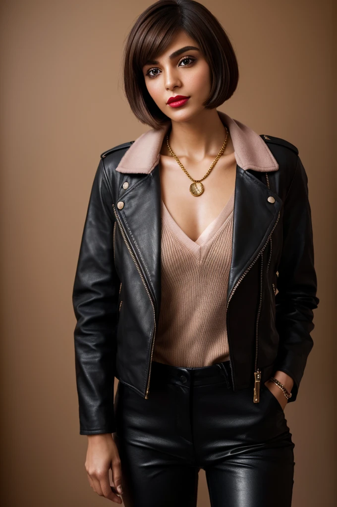 Iranian woman, brown hair, beautiful bob cut,  exhibiting warmth, charm, black leather jacket with feminine touches, skinny trousers, riding boots, pink scarf, leather backpack, soft makeup, striking red lipstick, in a half-body portrait, casual stance, golden ratio composition, vivid lighting emphasizes texture and form, ultra-fine detail captures the mock necklace design, fabric weave, high resolution, 8k, dramatic lighting.