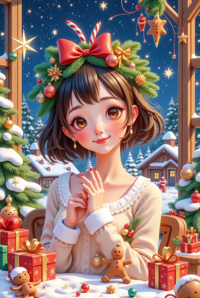 Christmas postcard，Beautiful women's words，Hair is decorated with gifts +Christmas tree+Hut+Gingerbread Man+Bow。Short hair，  beautiful face， skin details ，Finding an audience，In a cozy room。Official illustrations，cute，interesting。Pastel Painting，colored pencil sketch
