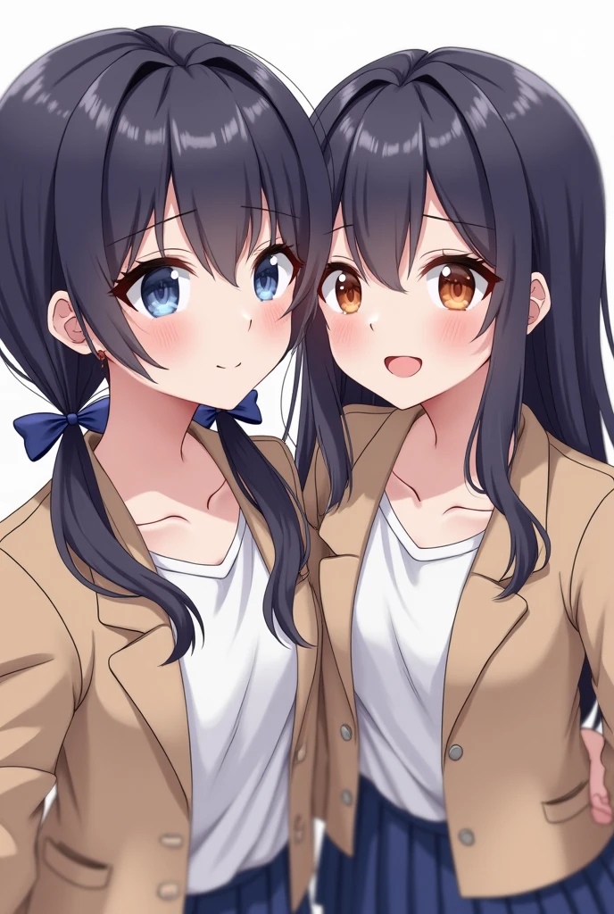 Please an image of a girl with pale skin, dark blue hair that she wears tied with vlaro blue ribbons in two low pigtails, the right one in front of her while the left rests behind her back, and blue eyes taking a selfie together. Girl with dark purple hair tied up in a long ponytail that reaches her thighs, with fine amber eyes. Wearing a school uniform consisting of a beige collared formal jacket along with a white t-shirt underneath.