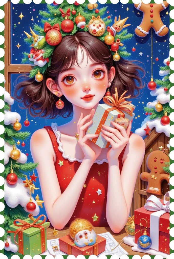 Christmas postcard，Beautiful women's words，Hair is decorated with gifts +Christmas tree+Hut+Gingerbread Man+Bow。Short hair，  beautiful face， skin details ，Finding an audience，In a cozy room。Official illustrations，cute，interesting。Pastel Painting，colored pencil sketch
