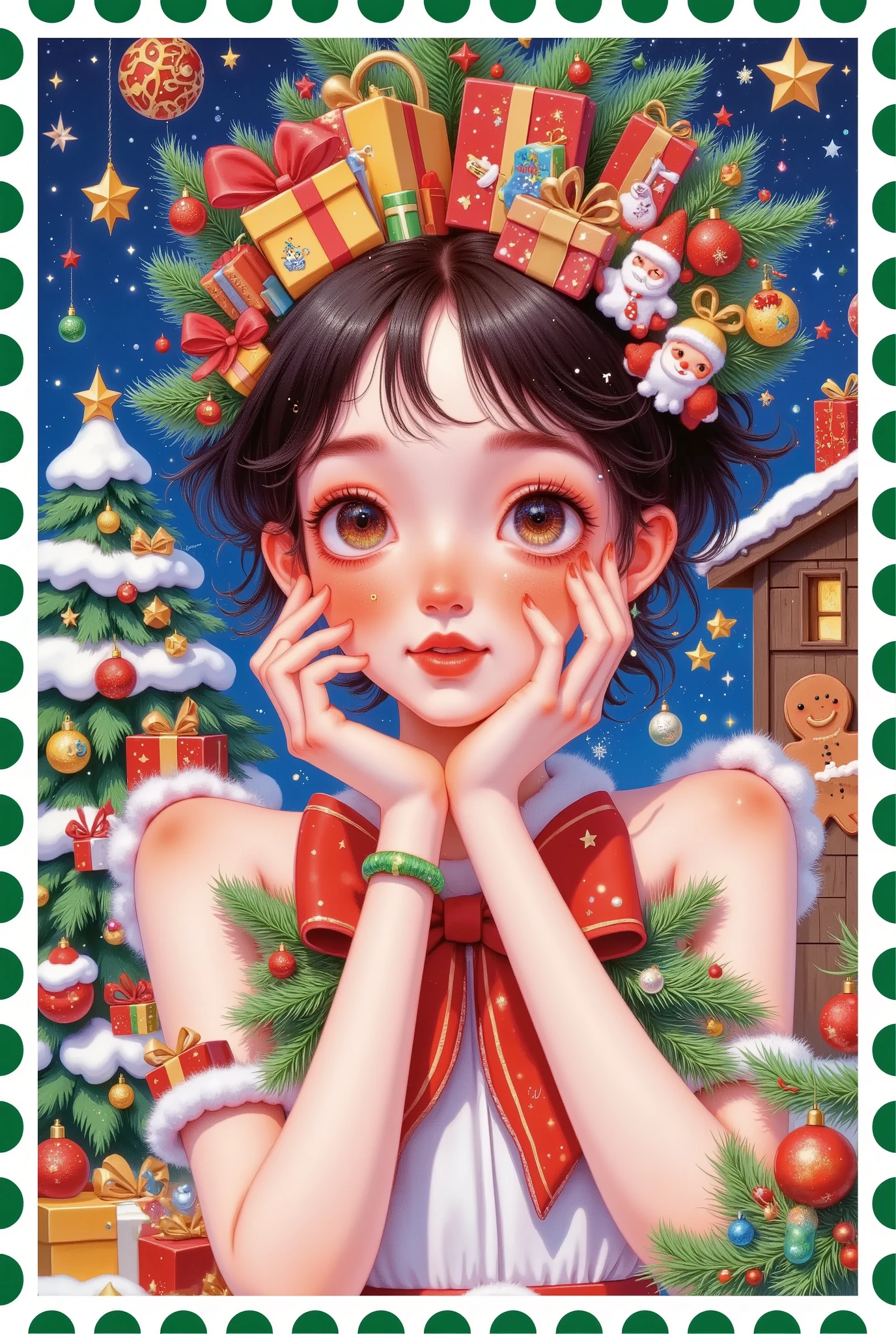 Christmas postcard，Beautiful women's words，Hair is decorated with gifts +Christmas tree+Hut+Gingerbread Man+Bow。Short hair，  beautiful face， skin details ，Finding an audience，In a cozy room。Official illustrations，cute，interesting。Pastel Painting，colored pencil sketch
