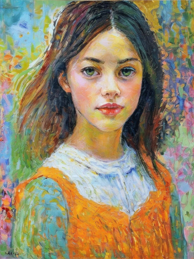 Top quality, ultra-detailed, acrylic, medium, (mixed media art of contemporary art and impressionism, colors as seen, shapes and textures as felt), intricate details, portrait of one girl, soft shoulder-length hair, sexy expression with slightly open eyes, long eyelashes, soft t-shirt, masterpiece